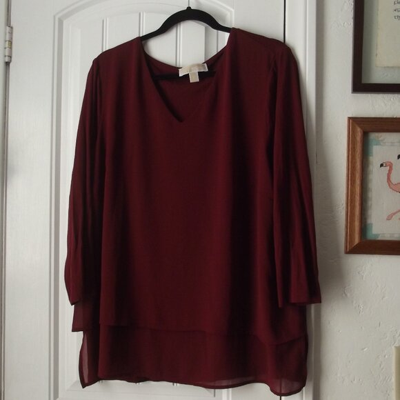 Burgundy / Maroon Top Blouse Long Sleeve Chiffon & Jersey Knit Size 1X - Picture 1 of 7